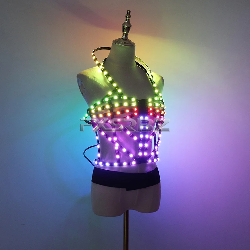 Full Color LED Cage Costumes Hollowed-Out Light Up Luminous Clothing LED Sexy Woman Ballet Rainbow Dress