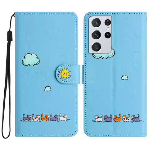 For Samsung Galaxy S21 Ultra Cover Cartoon Cat Style Softshell Flip Leather Case