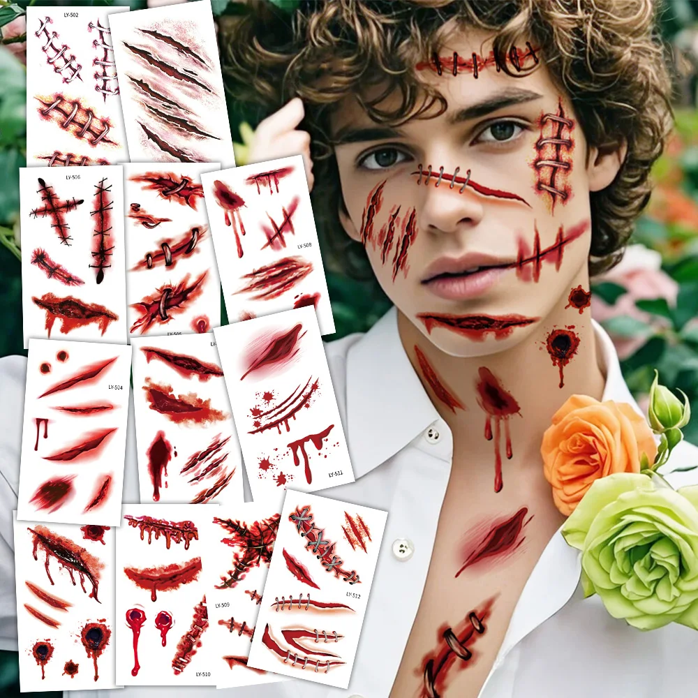 Halloween 3D Scar Temporary Tattoos -12 Sheets, Realistic Fake Bloody Wound Scab Tattoos, Cosplay Party Masquerade Prank Props
