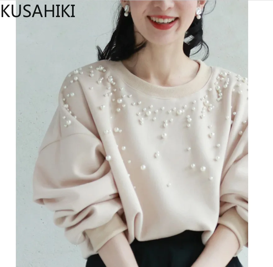 KUSAHIKI Autumn Winter Pearl Women\'s Fashion Hoodies Causal 2024 New Long Sleeve Round Neck Sweatshirt Tops