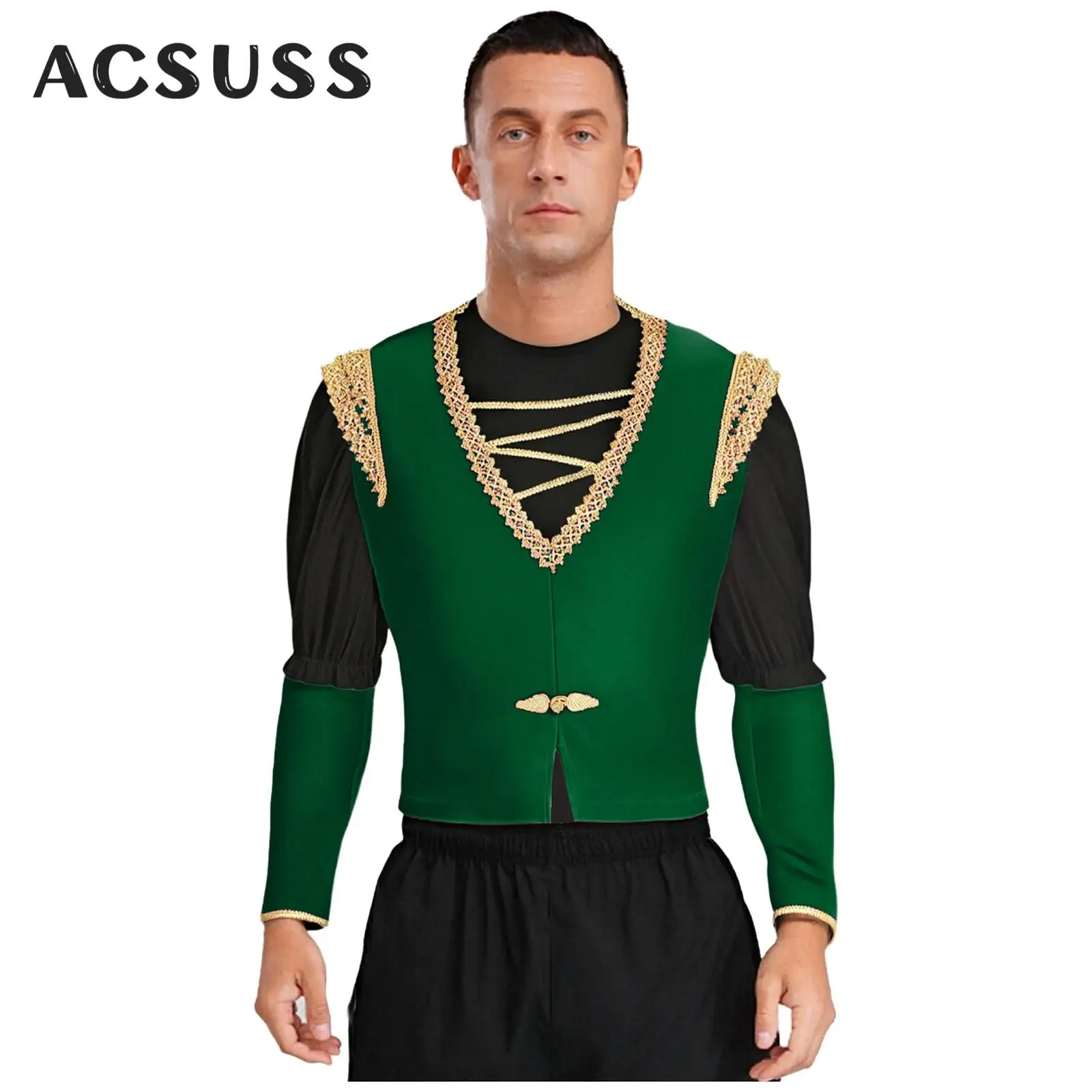 

Mens Medieval Victorian Ballet Prince Dance Costume Halloween Party Steampunk Viking Cosplay Dress Up Velvet Shirt Vest Sleeve