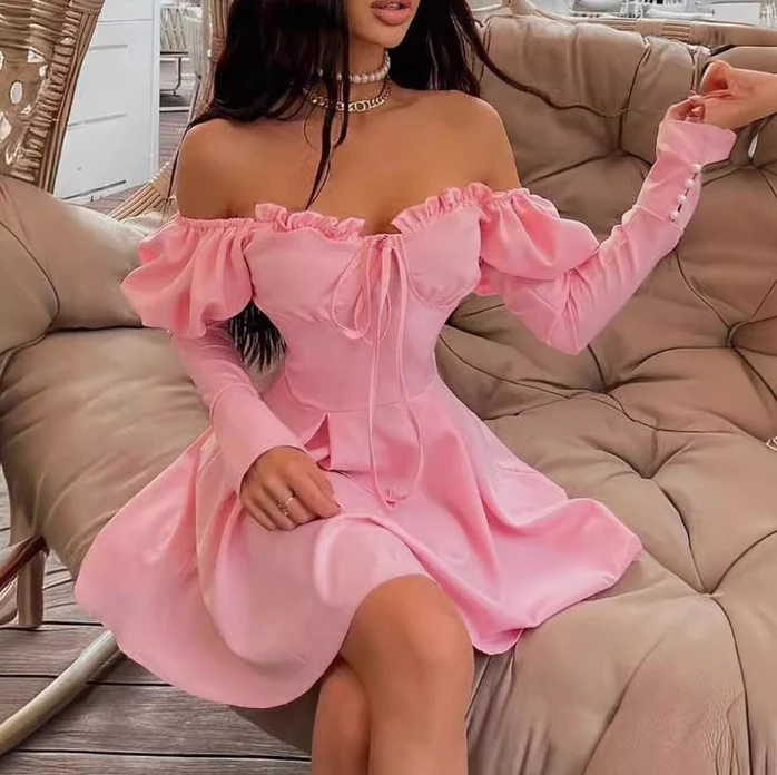 Sweet Girl Short Dresses Evening Dress Pink Off Shoulder Long Sleeved Midi Dress Summer Dress Women 2024 Elegant Princess Dress