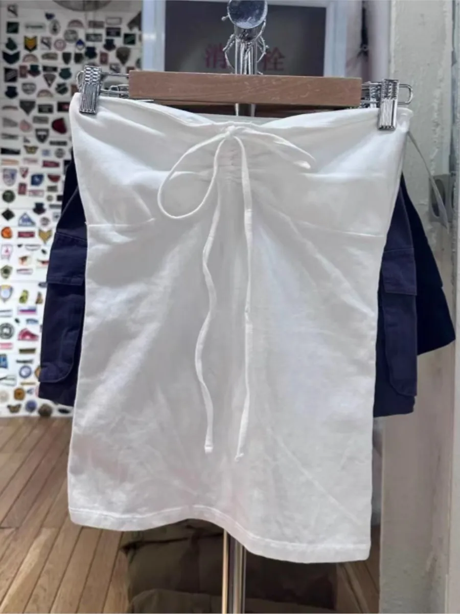Solid Cotton Drawstring Strapless Tank Tops Women Streetwear Side Split Slim Cropped Vest Summer Sweet Vintage Chic Camis Y2K