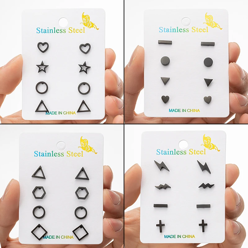 

Shuangshuo 4Pairs/Set Round Triangle Shaped Black Color Geometric Stainless Steel Stud Earring For Women Fashion Jewelry Gifts