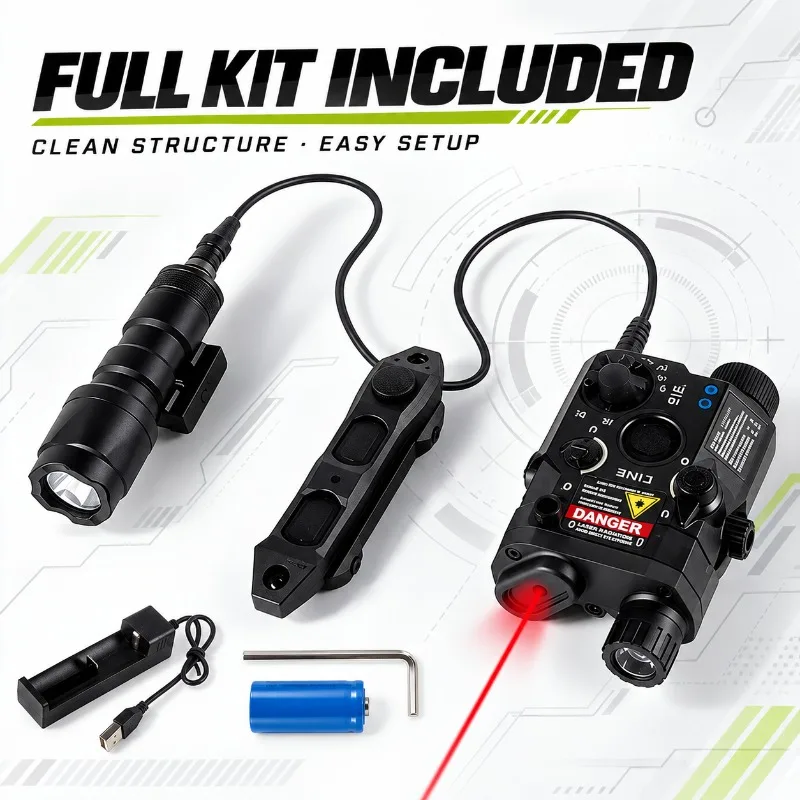 Integrated PEQ15‑Shape Alloy Hobby DIY Kit, Red‑Green Dual‑Color Beam, Strobe Flashlight and Triple‑Mode Wired Trigger Control