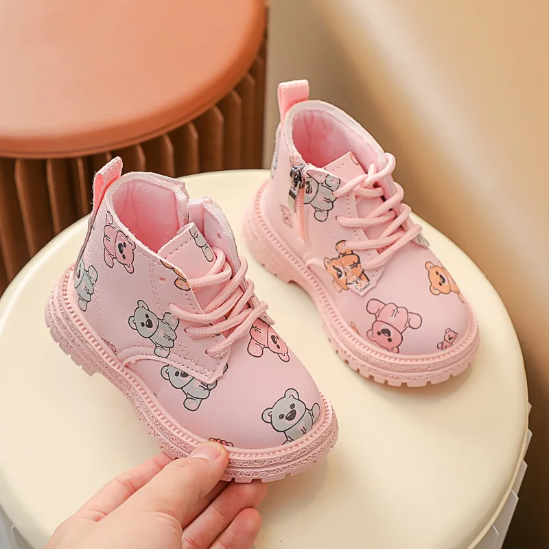 Botines Girl Boot Cute Cartoon Bear Kid Cotton Boot Autumn Winter New Soft Sole Non-slip Casual Shoe Princess Leather Ankle Boot