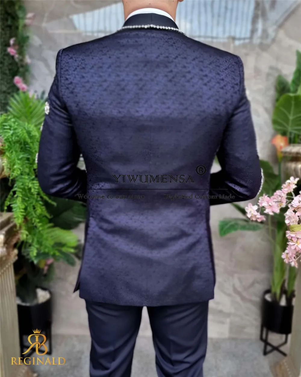 Floral Men Suits Beaded Peaked Lapel Groom Wedding Tuxedos 3 Pieces Jacket Vest Pants Male Prom Blazers Bespoke Costume Homme