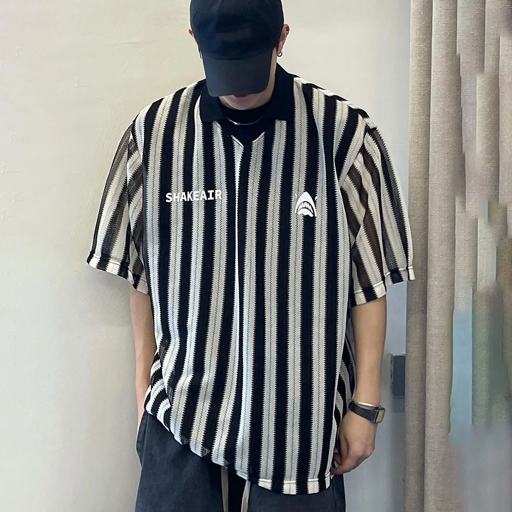 T Shirt Mens Summer Y2K Striped Hollow Mesh Short Sleeve Retro Jersey Contrast Breathable Loose Trendy Sports Daily Mens Clothes