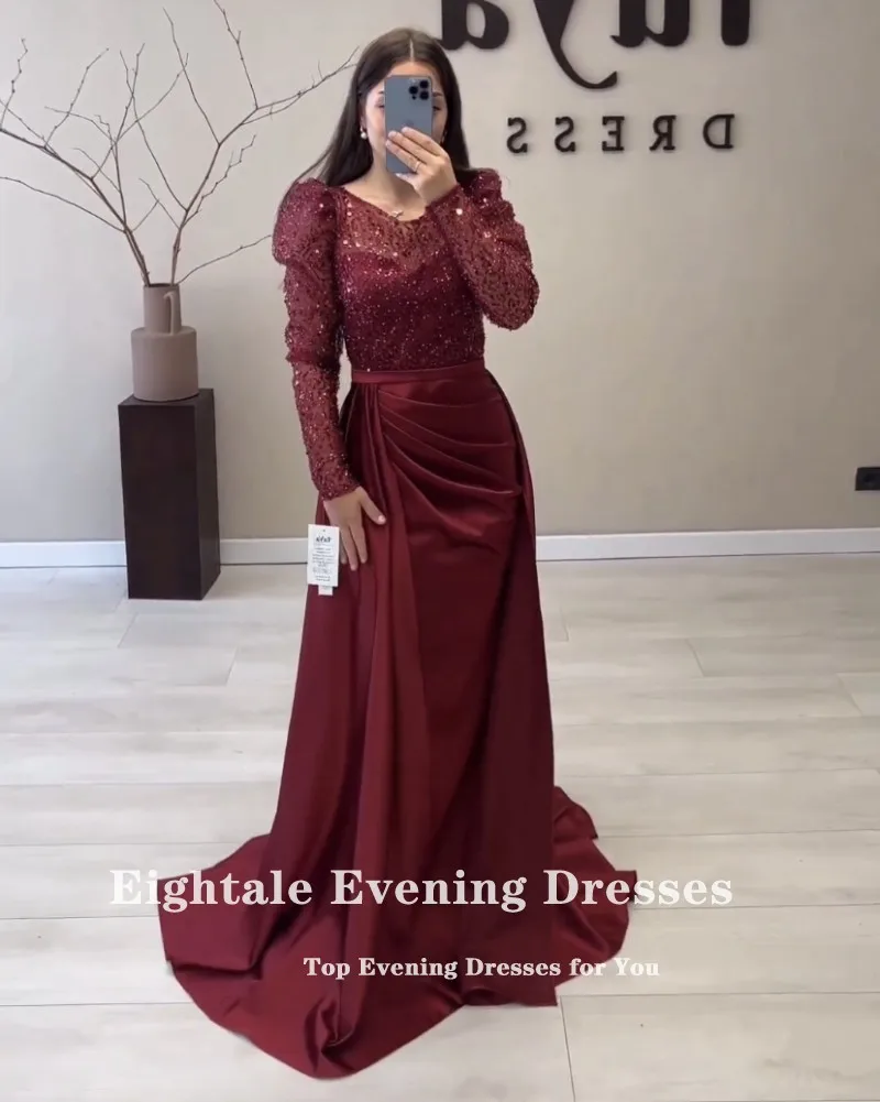 Eightale Luxe Avondjurken Met Afneembare Rok Bordeauxrode Lange Mouwen Satijnen Zeemeermin Feest Prom Gown Vestidos De Noche