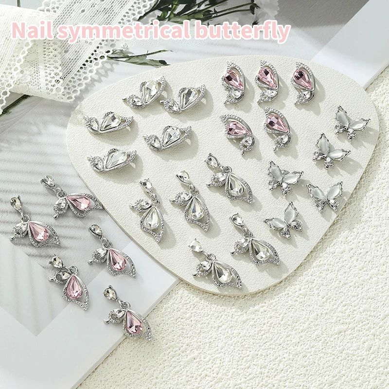 Liga Borboleta Nail Art Rhinestone, Gems brilhantes, Crystal Manicure Acessório, Gems 3D, ouro e prata brilhante, Butterfies, 5pcs