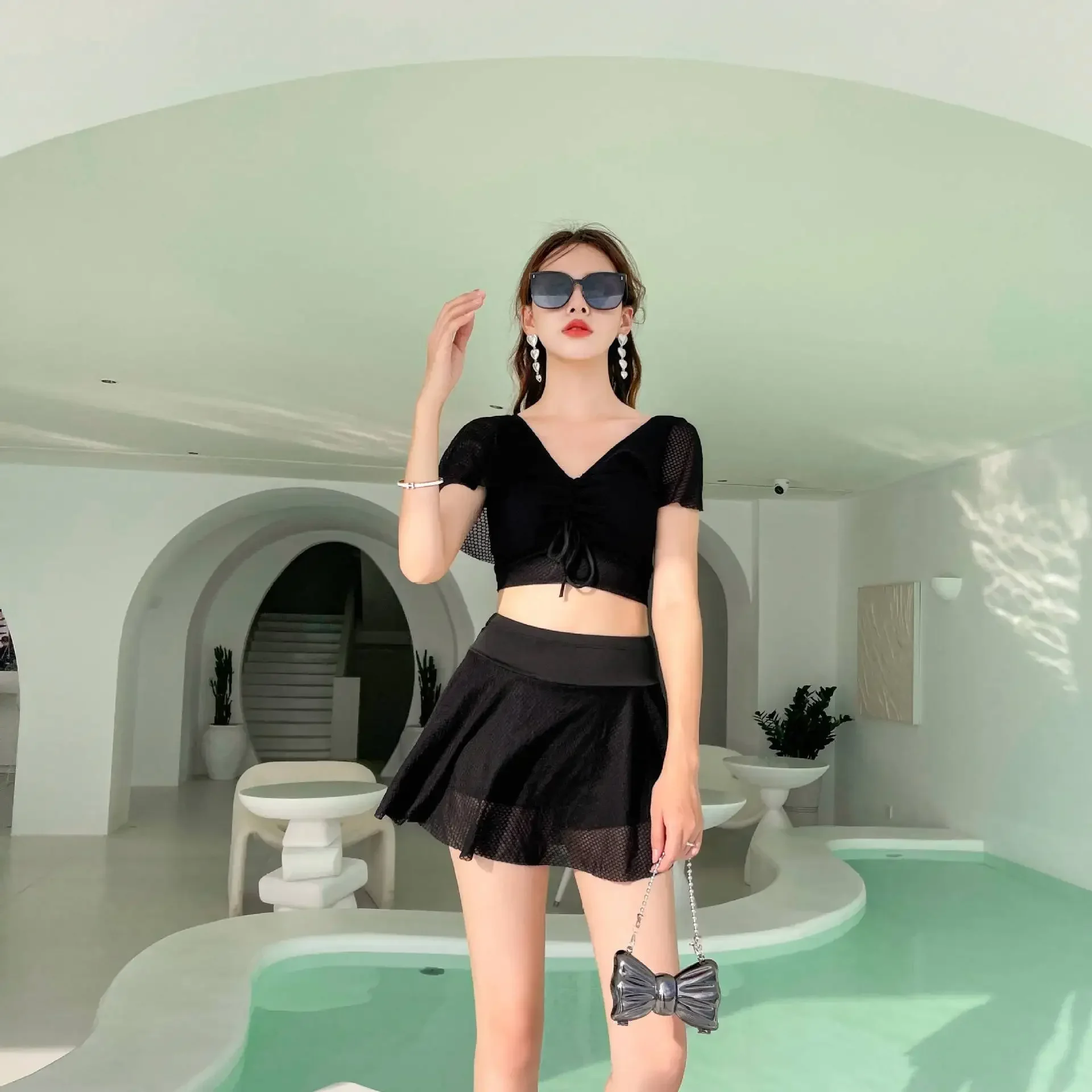 

2024 New High Waist Two Piece Swimsuit Women Sexy Swimwear Bathing Suit Female Log Sleeve Push Up Ruched Swimsuit Bikini Set