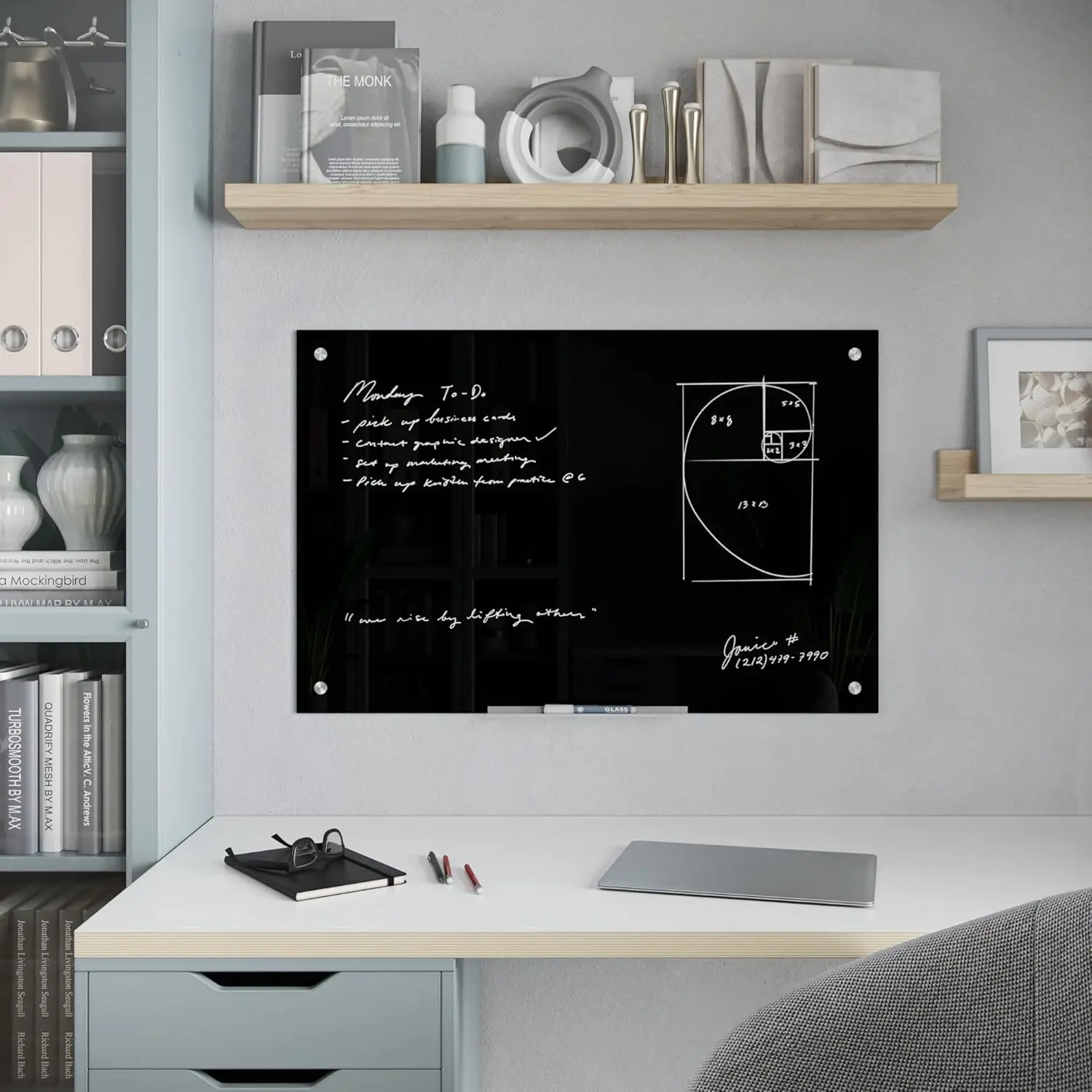 Frameless Glass Dry Erase Board 24x36 Inches Black Surface Silver Grommets Includes Marker with Eraser