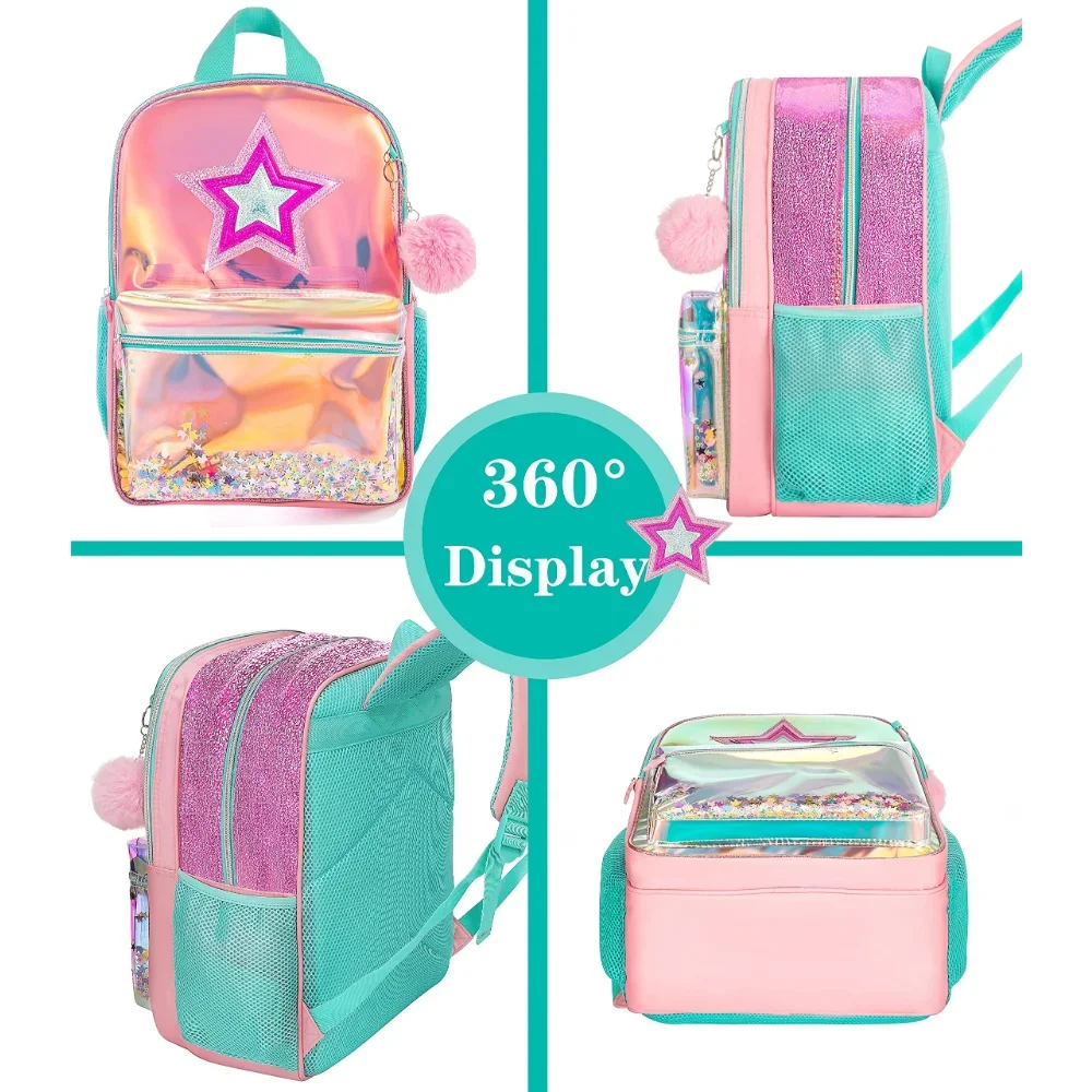 BIKAB School Backpack Girls 16 Inch Girls Backpacks Sequin Backpack with Lunch Box Backpack Women Girls School Supplies Set Bags