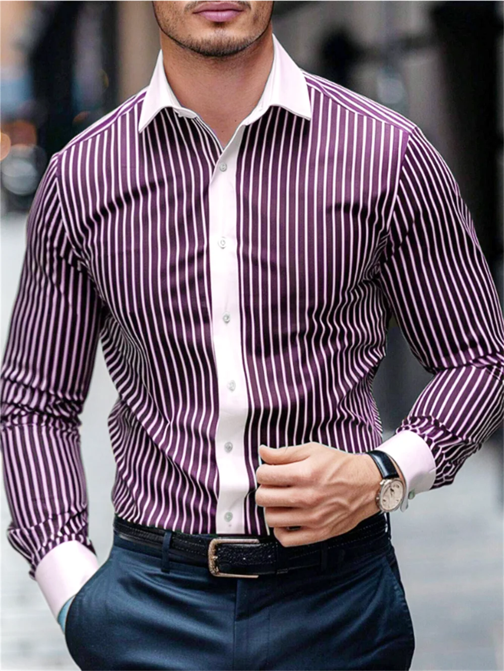 Spring and autumn casual men\'s shirts casual sports striped long sleeve shirts lapel large size men\'s clothing button design