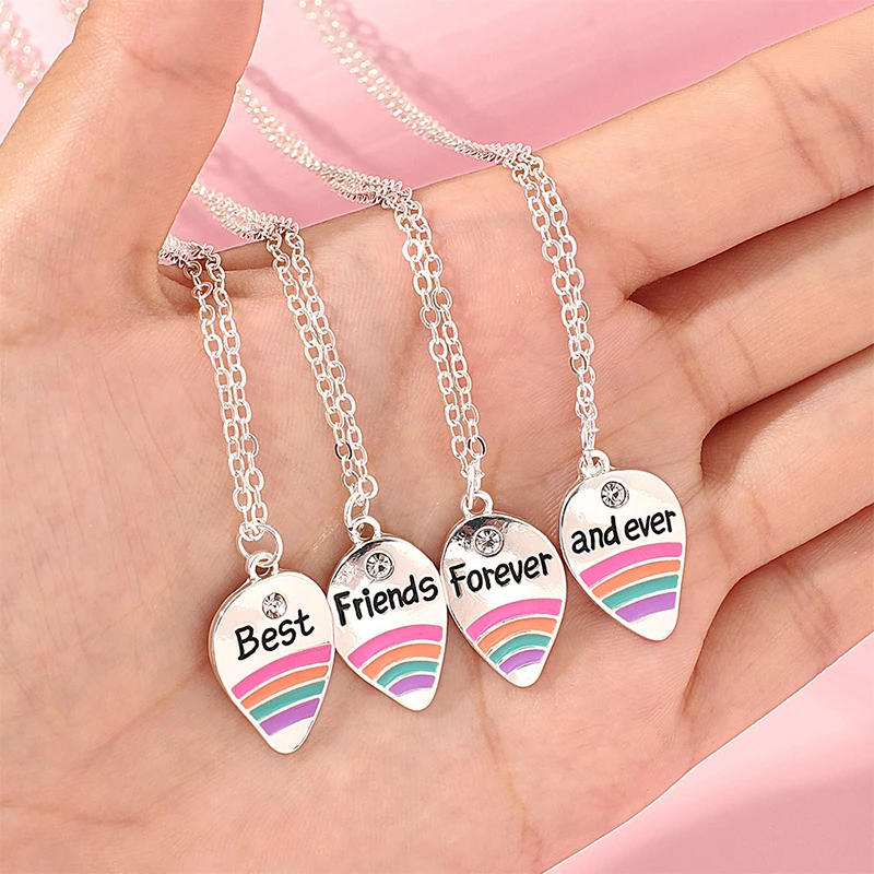 4Pcs/set Best Friends Forever And Ever Rainbow Pendant BFF Necklace Good Friends Friendship Jewelry Gift for Girls