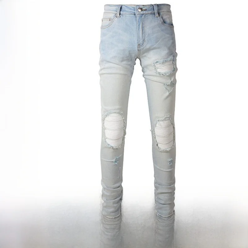 Calça Jeans Vintage Azul Claro Rasgada com Stretch Slim de Perna Reta Casual para Homens e Mulheres - Modelo para Casais