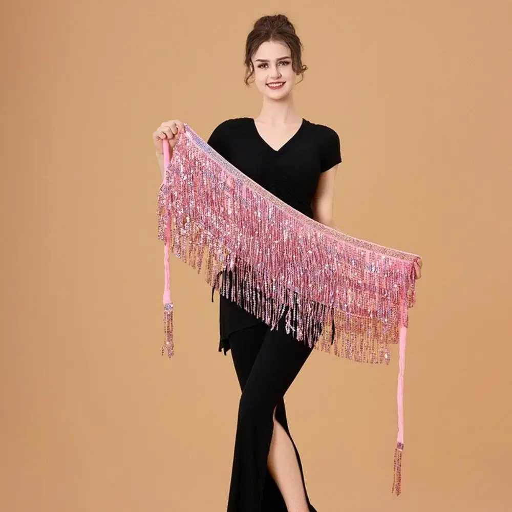 Modna spódnica do tańca brzucha z cekinami, łańcuszkiem i frędzlami, błyszczący strój do tańca brzucha, indyjska chusta do tańca, kostium na występy.