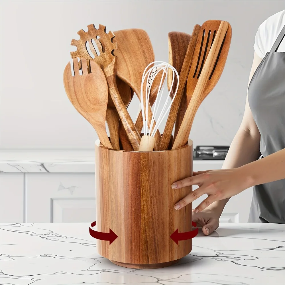 

11pcs Wooden Kitchen Utensils Set with 360° Rotating Holder 7.3 X 5.9 Acacia Wood Cooking Utensils with Holder Cooking Spoons