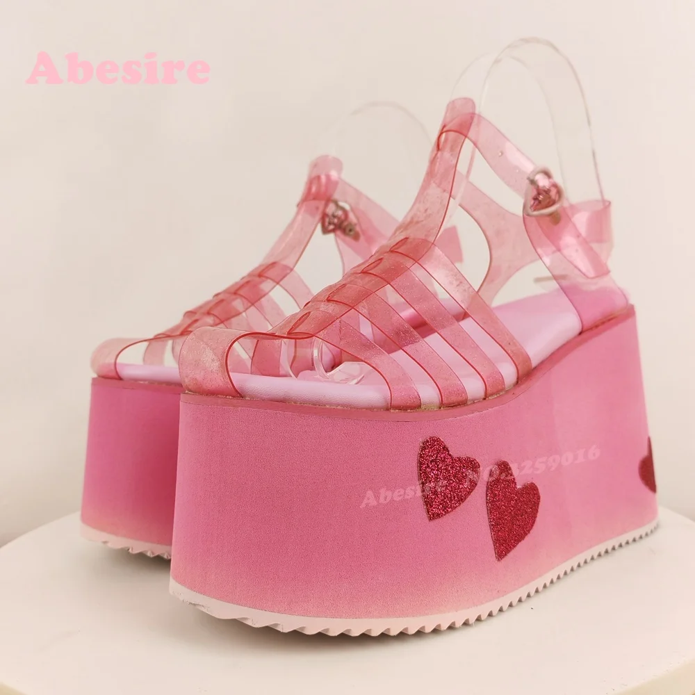 Pink Platform Love Decor Sandals Pvc Splicing Cut Out Women's Sandals Height Increasing Women's Sandals 2025 Summer Luxury Sexy
