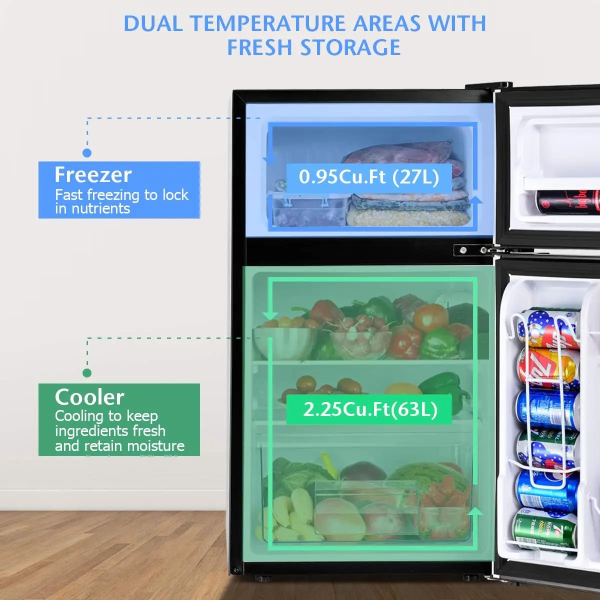 Compact Refrigerator, 3.2 cu ft. Unit 2-Door Mini Freezer Cooler Fridge with Reversible Door, Removable Glass Shelves, M