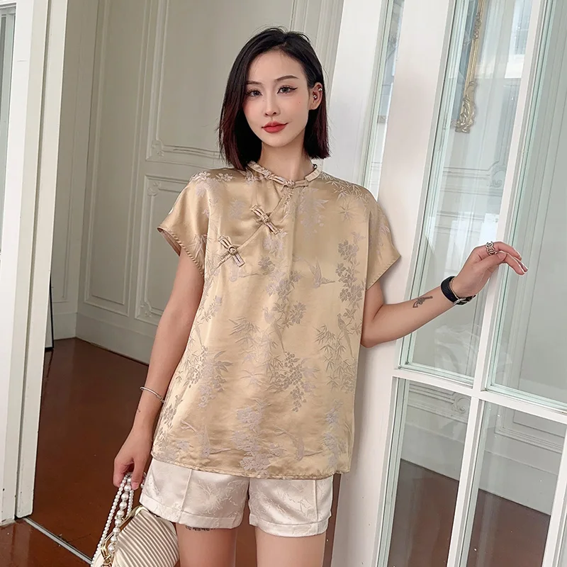 Vintage Artificial Silk Shirt Women's Short Sleeve Jacquard Buckle Top Chinese Style Blouse Summer Temperament Women's Clothing