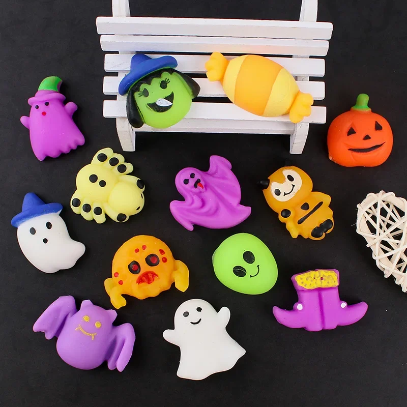 10-30Pcs Halloween Mochi Squishies Soft Toys Kawaii Pumpkin Bats Witch Ghost Skull Squeeze Stress Relief Kids Guest Party Gifts