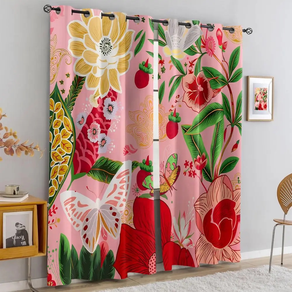 Pink Floral Butterfly Printed Curtains 2 Panels Light Blocking Rate 85% Darkening Decoration Curtains Vintage Home Window Shade
