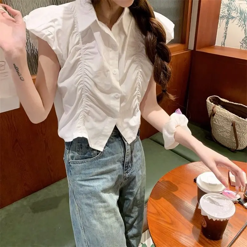 Korean Solid Color Turn-down Collar Blouse Summer New Fashion Simplicity Sweet Pleated Short Sleeve Shirts Women Clothing