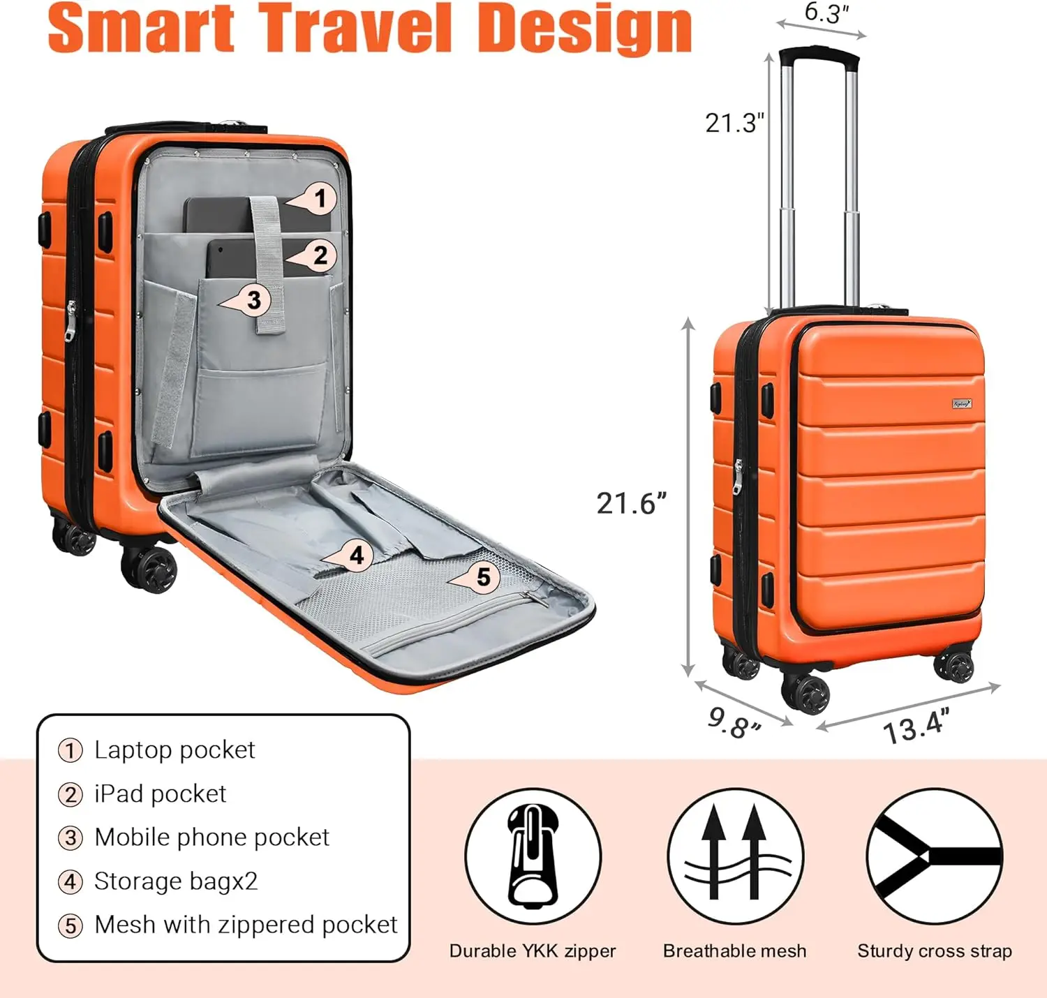 Mala de mão rígida extensível leve laranja de 20 polegadas com bolso frontal para viagens