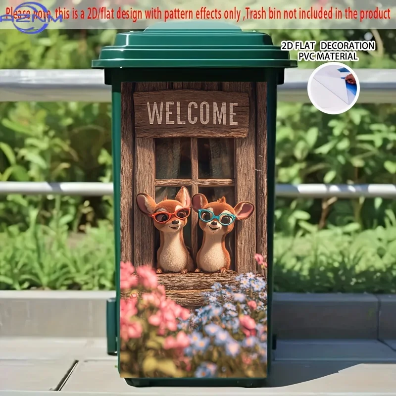 2D/FLAT Welcome Deer Self-Adhesive Dustbin Sticker, 14.57×32.28 Inches, Featuring Two Deer with Fashion Glasses Peeking from a