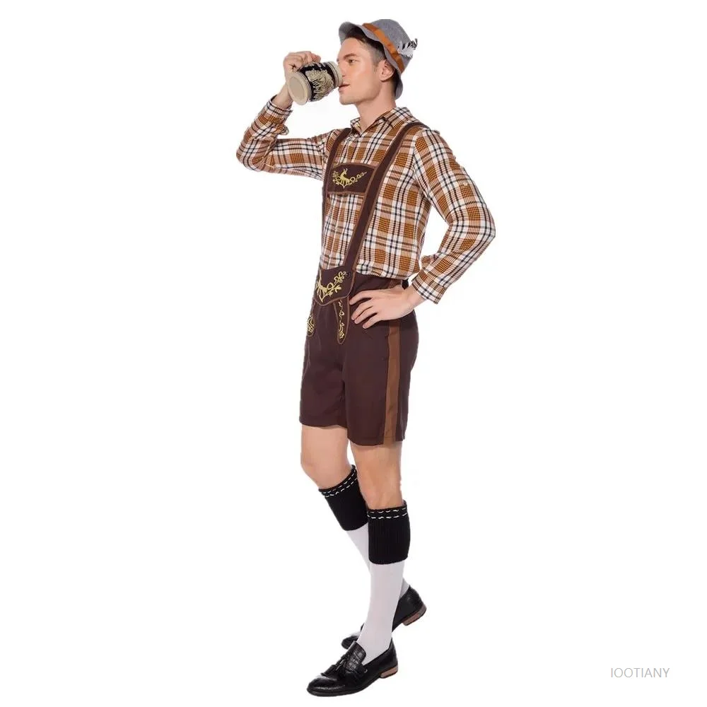 Men's Adult German Munich French Oktoberfest Beer Leather Pants Costume Bavarian Traditional Festival Role Playing Jumpsuit