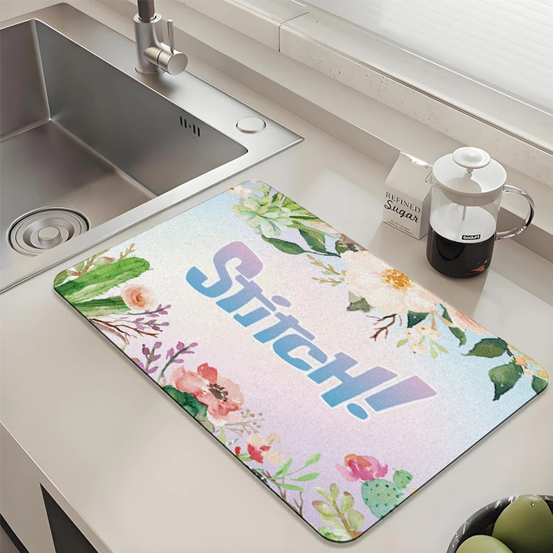 

Disney Stitch Floral Text Kitchen Drying Mat Absorbent Anti slip for Countertop