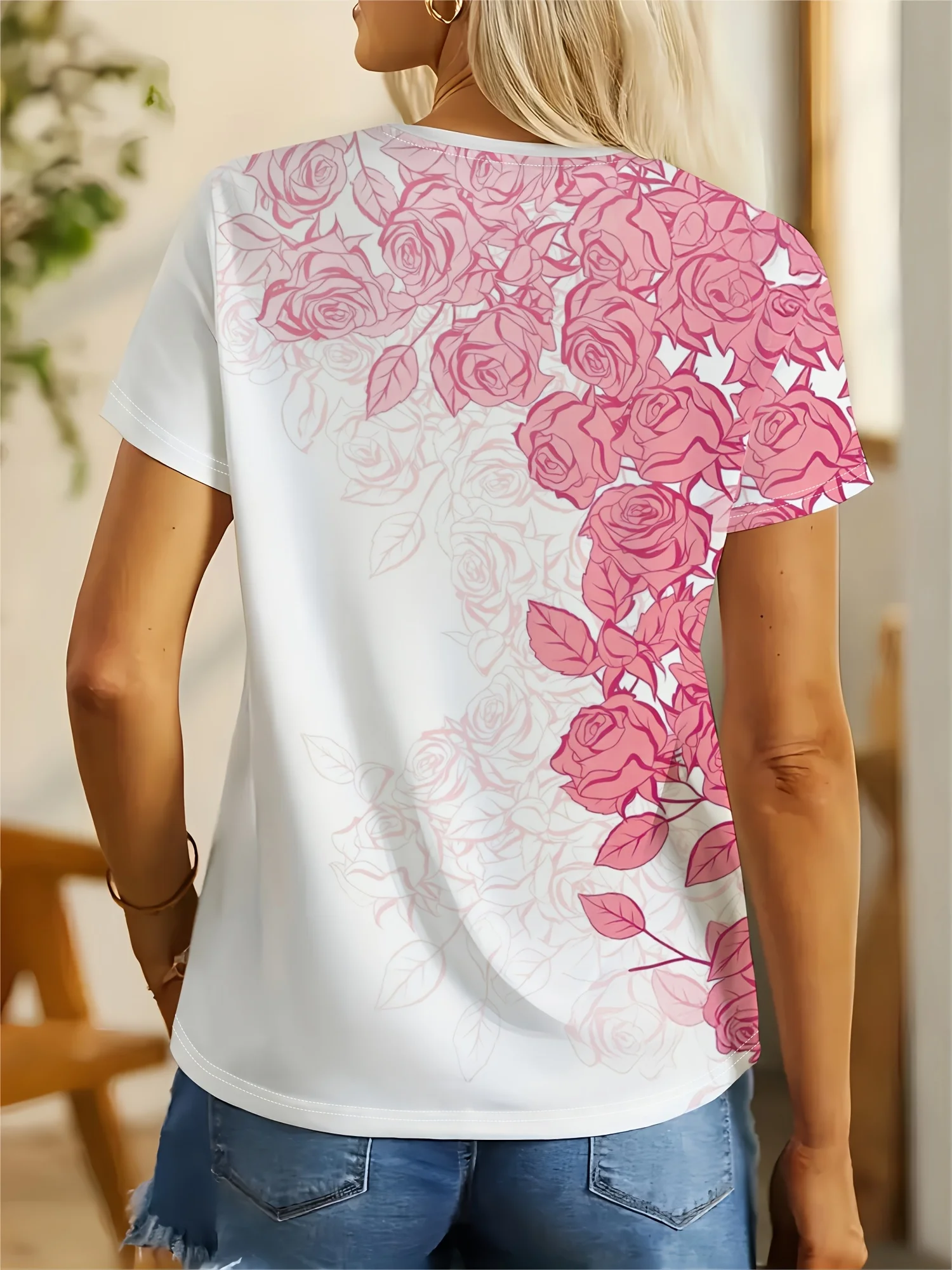 Women Crew Neck Short Sleeve T-shirt Pink Rose Gradient Floral Print White Base Casual Elegant Summer Daily Soft Tee