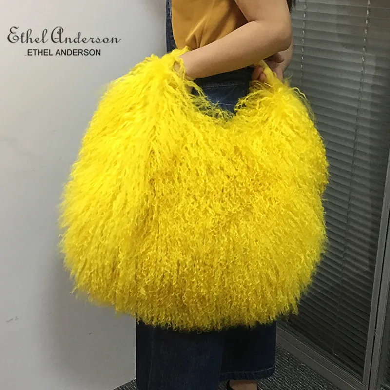 Luxury Real Mongolia Lamb Fur Handbag Soft Plush Genuine Leather Shoulder Boston Bag Women's Purse Hobo Style Fluffy Fuzzy Bags