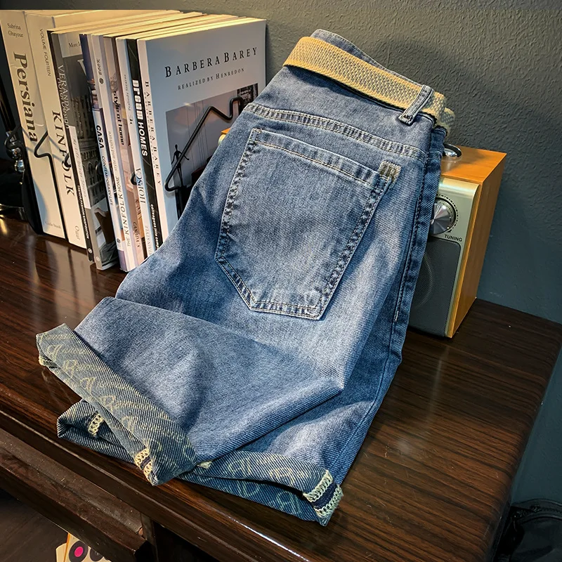 Casual Denim Shorts Men's Loose Trendy Embroidered Cropped Pants Summer Thin Light Luxury High-End Washed Stretch Capri Pants