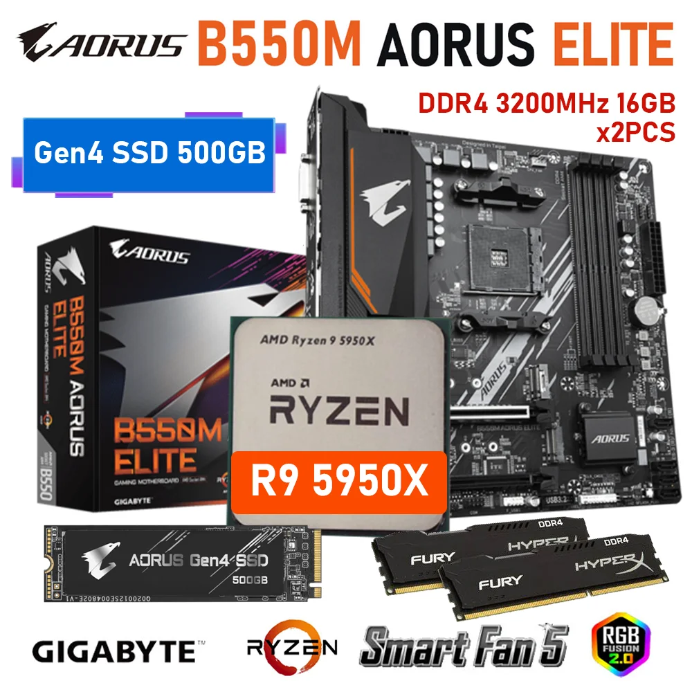 

GIGABYTE B550M AORUS ELITE Motherboard + DDR4 3200MHz 16GBx2PCS + AMD R9 5950X + Gen4 SSD 500GB Ryzen Kit M.2 PCI-E 4.0 New