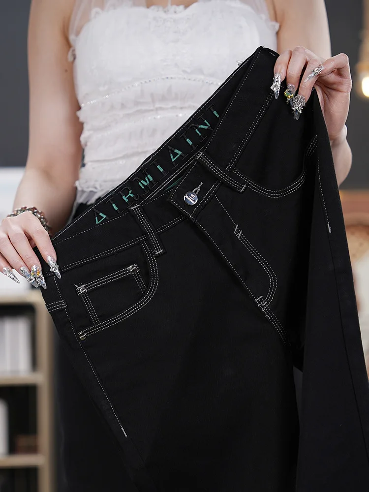 夏用薄手ジーンズ メンズ 純黒 スリムフィット 細身 伸縮性 おしゃれ 多機能 トレンド カジュアルパンツ