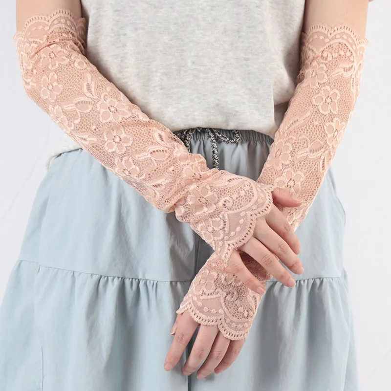 Summer Women's Long Lace Sleeves Driver's Half Finger Resistant Lace Sexy Fingerless Gloves