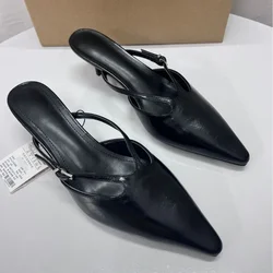 Elegant Pointed Toe Women Mules Shoes Sexy Black Buckle Strap Traf Casual Party Ladies High Heels Sandals 2025 Summer Slingbacks