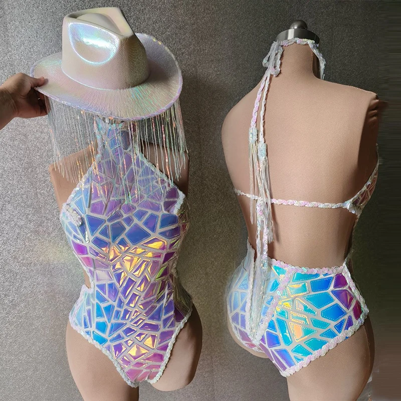 

Sexy Backless Bodysuit Pole Dance Costume Fringe Hat Laser Mirror Party Rave Outfit Nightclub Jazz Gogo Dance Clothing VDB7519