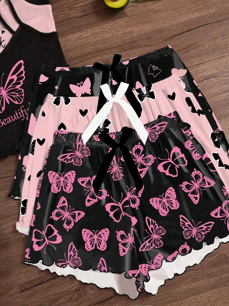

3-Piece Butterfly Print Pajama Set Women Sleeveless Camisole And Shorts Sleepwear