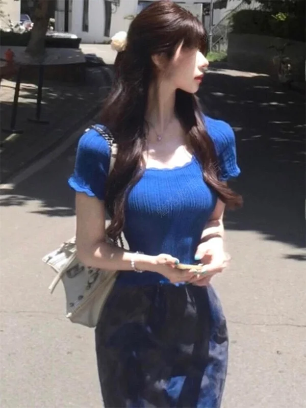 

Summer New Fashion Korean Style Set High Waist Skirt And Top Age Reduction Ladylike Short Sleeve Floral Print Casual Wear