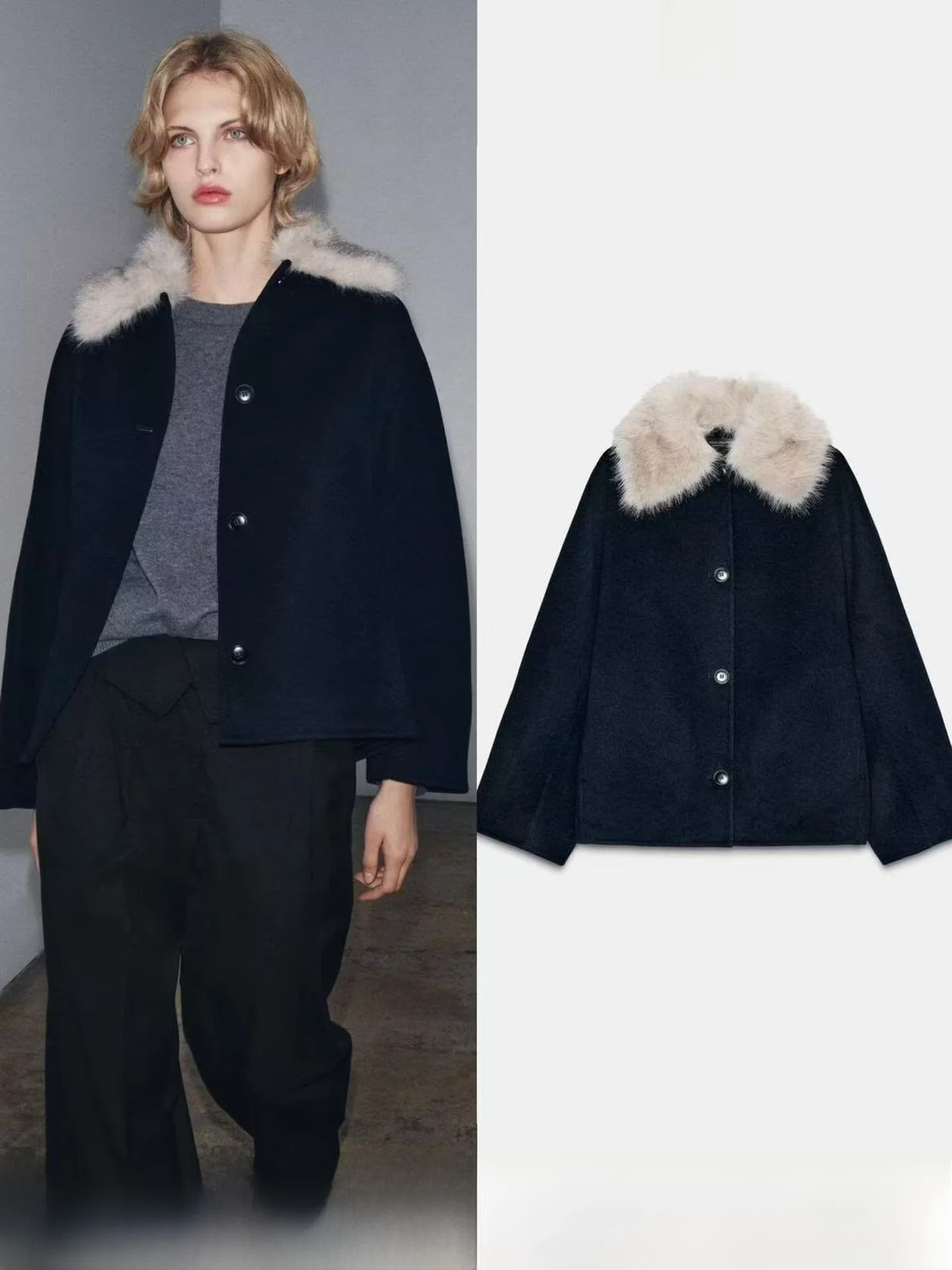 

Autumn New Arrival Women's Jacket Coat Detachable Faux Fur Collar Woolen Material Casual Loose Fit Long Sleeve Button Closure