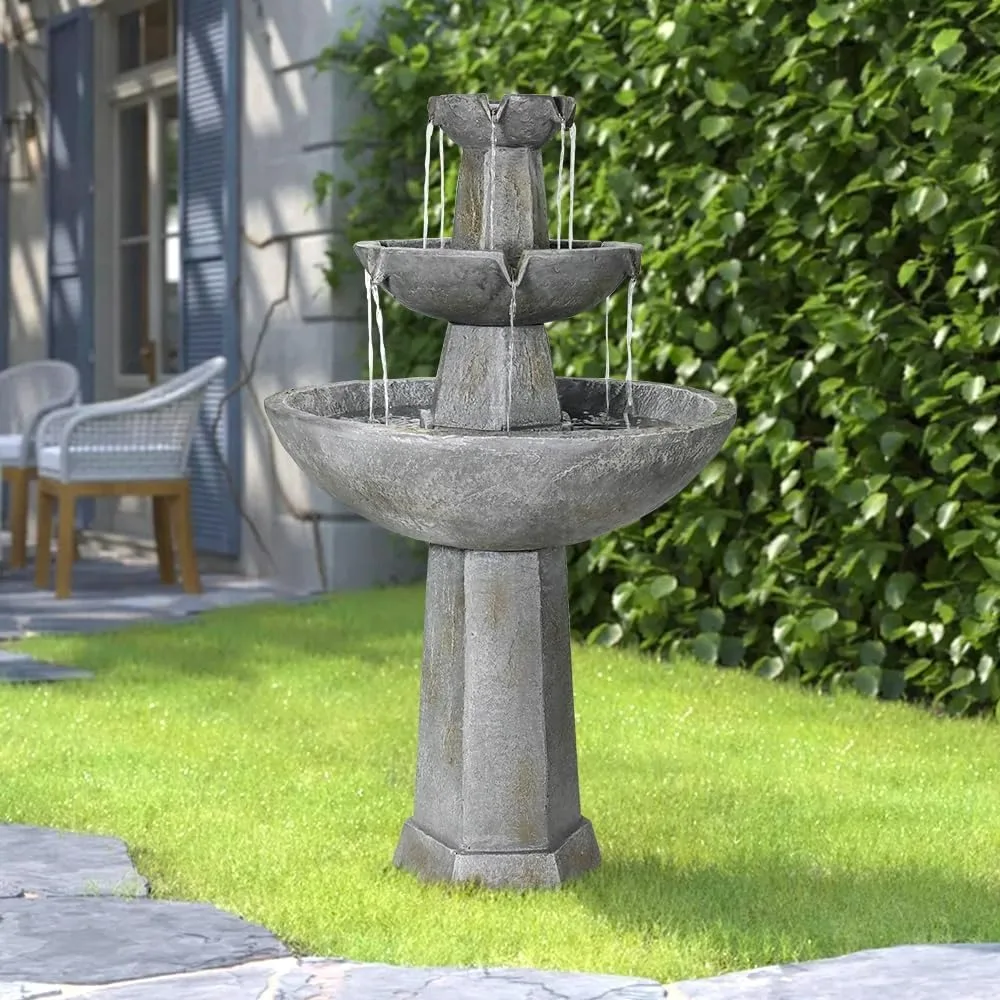 43.3” High Outdoor Water Fountain, 3-Tiers Concrete Outdoor Floor Waterfall Fountain with Pump & Splash Reduction Line