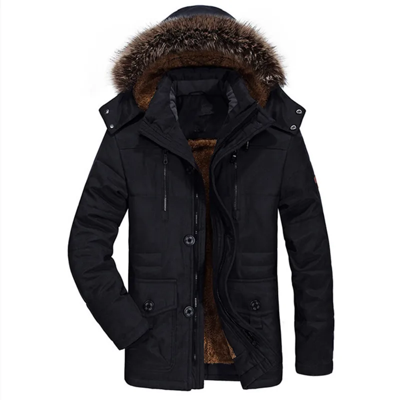 Men Winter Fleece Lined Parka Jacket Detachable Faux Fur Hood Thick Warm Cotton Coat Multi Pockets Windproof Outdoor Casual Mid