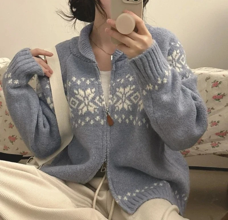 

Chic Loose Fit Sweet Retro Jacquard Women's Knitted Cardigan Autumn Winter Korean New