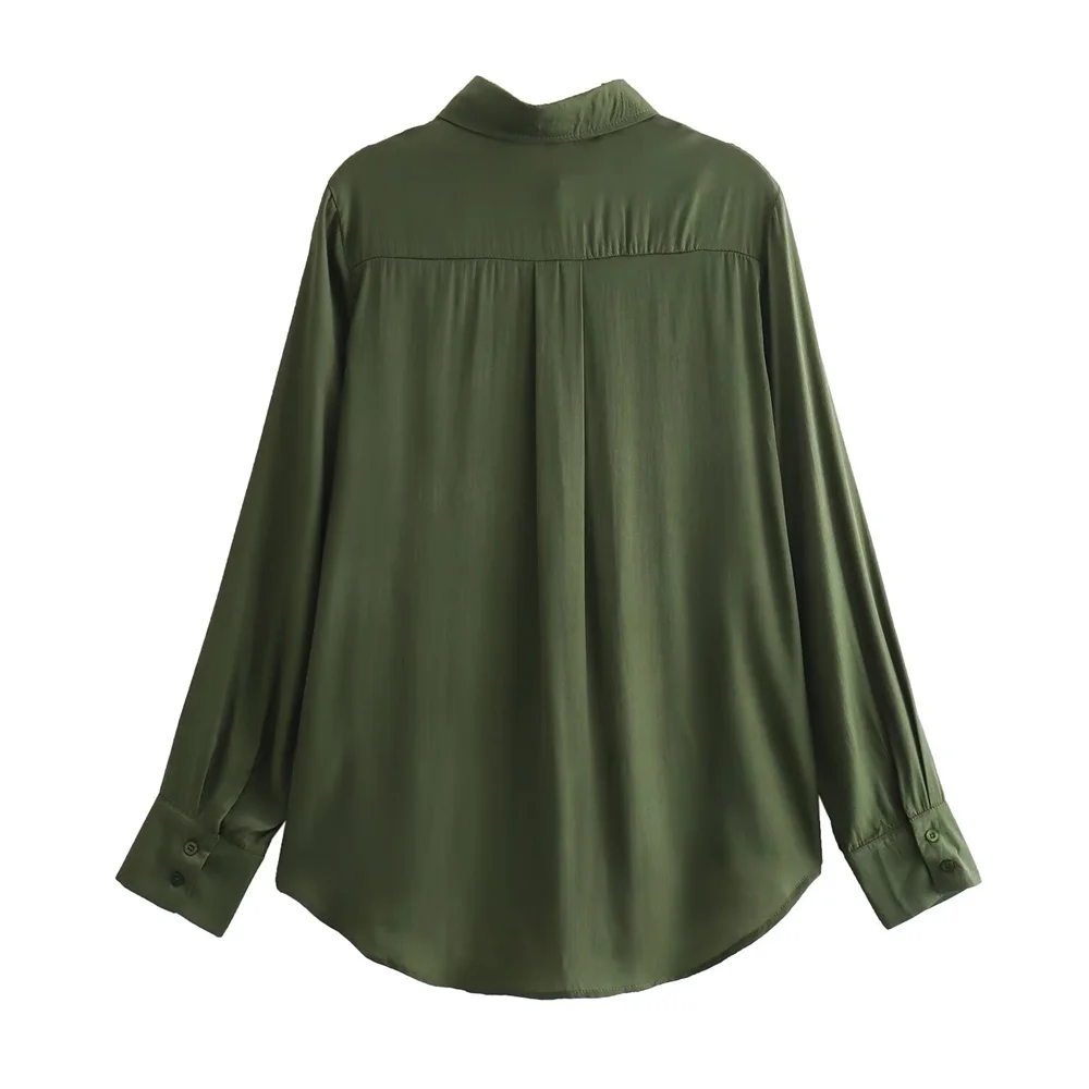 Taop&Za 2024 Summer Style Versatile Polo Collar Green Asymmetric Hem Solid Color Long sleeved Shirt for Women