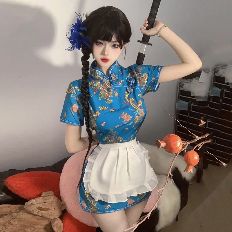 Sexy donne cinesi Cheongsam carino cameriera gioco di ruolo vestito grembiule vestito uniforme Kawaii Anime piccolo Chef Qipao Costume Cosplay