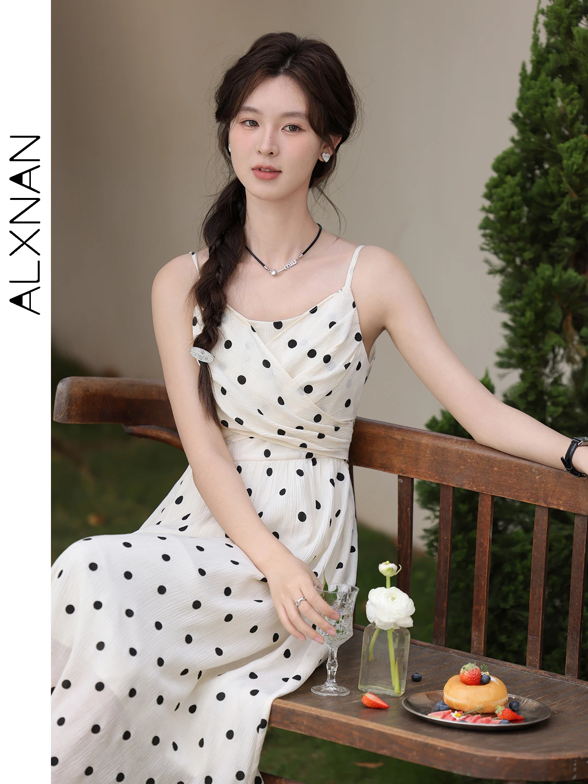 ALXNANฤดูร้อนDot Apricot Camisoleชุดผู้หญิง 2024 ใหม่สไตล์ฝรั่งเศสElegant A-Line Midiชุดเสื้อผ้าL33833