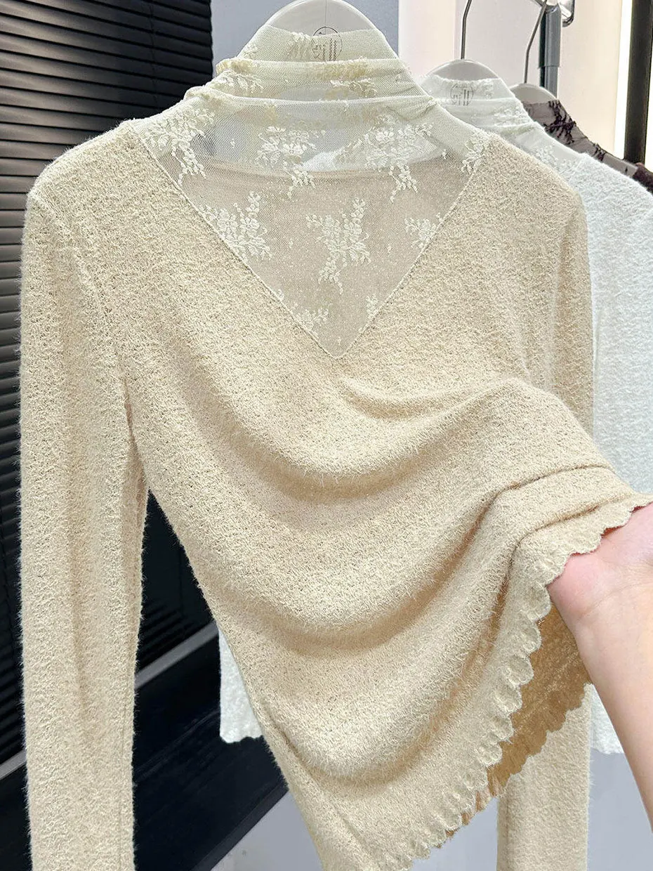 

Unique Beautiful Fleece Long Sleeve Lace Trim Slim Fit High Collar Base Shirt Women Autumn Winter Inner Wear Korean Style Pol...